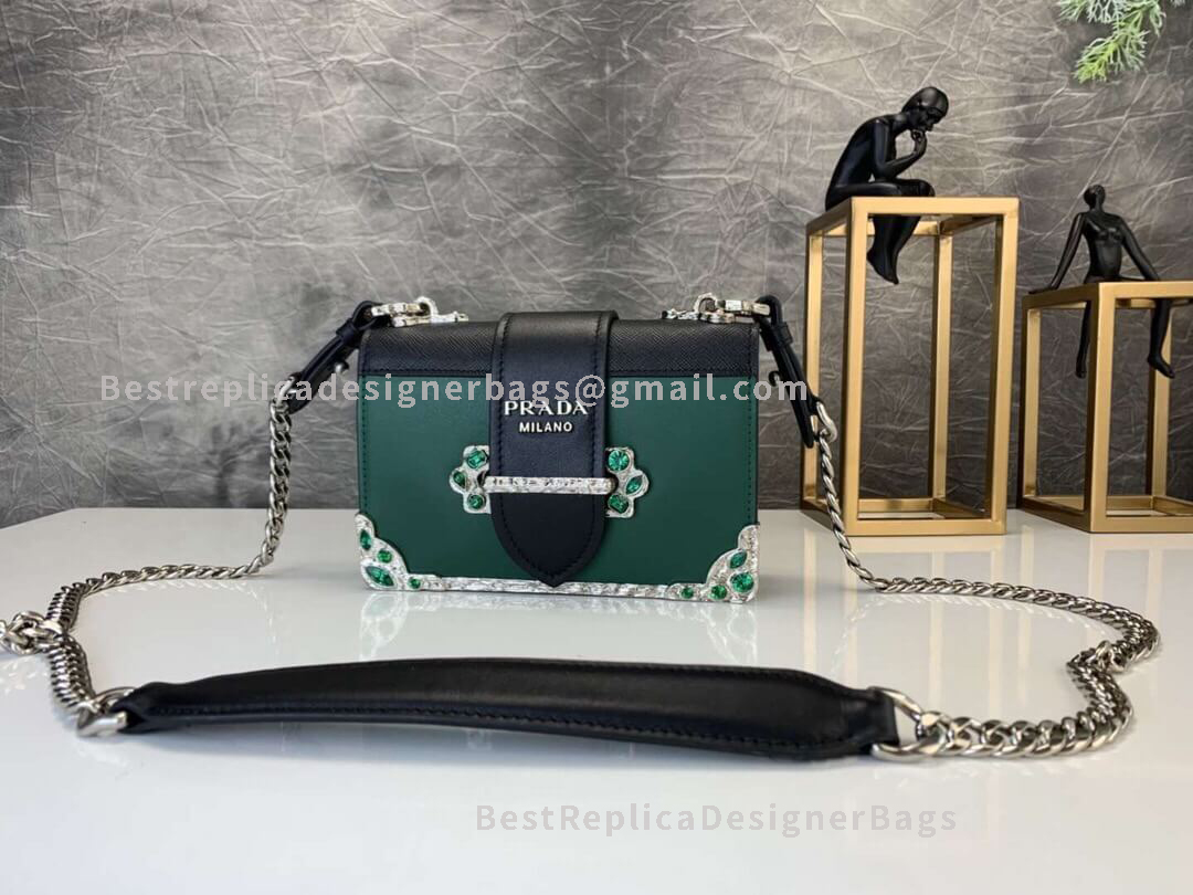 Prada Green Leather Shoulder Bag With Diamond Effect SHW 018